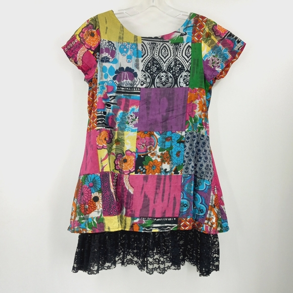 Funky Pepple Tunic Size S Multicolor Patchwork Print Lace Layered Cotton V-Neck - Picture 7 of 9